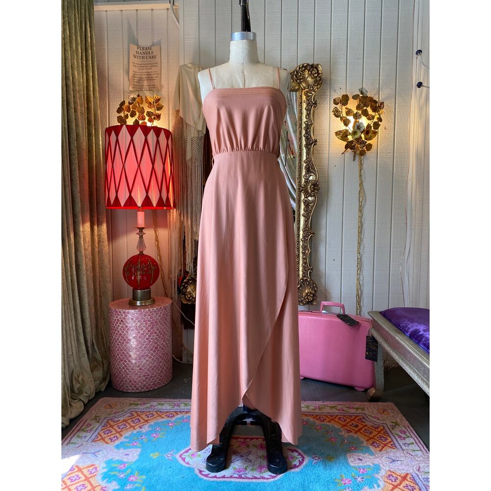 vintage 1970s blush maxi dress wrap skirt disco 70s fashion strappy formal gown